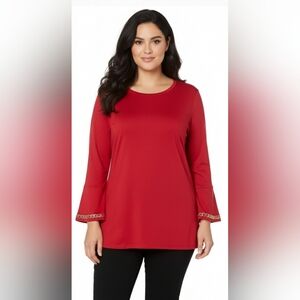 NWOT MICHAEL Michael Kors Red Long Sleeve Top with Gold Accents size 1X